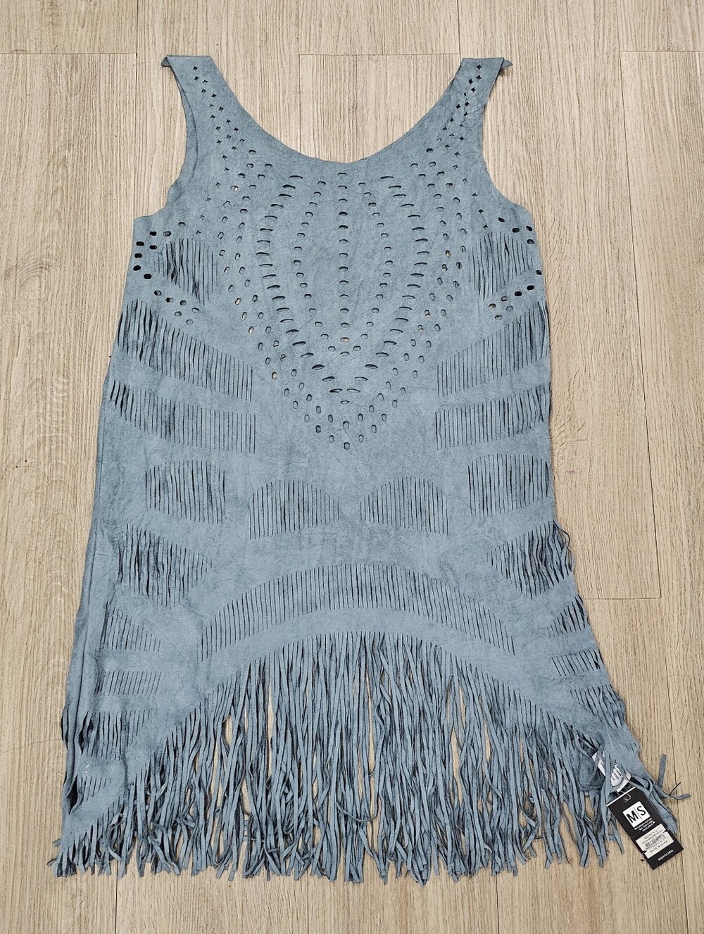NWT M/S Boho Faux Suede Laser-Cut Fringe Mini Dress / Longline Vest - Slate Blue